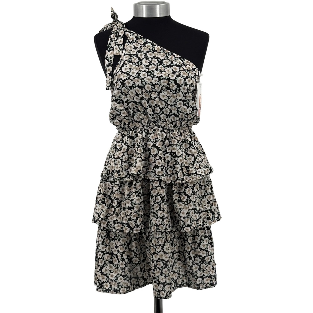 Prettygarden One Shoulder Floral Tiered Ruffle Mini Dress Black White Daisy Sz M
